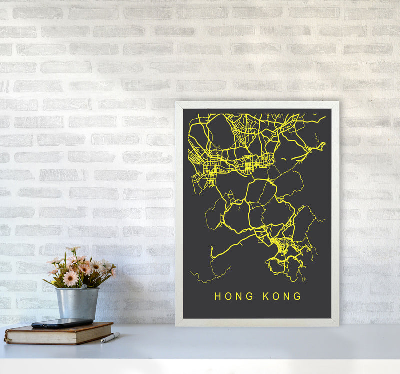 Hong Kong Map Neon Art Print by Pixy Paper A2 Oak Frame