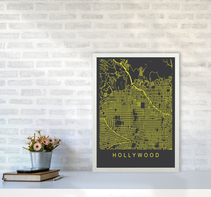 Hollywood Map Neon Art Print by Pixy Paper A2 Oak Frame