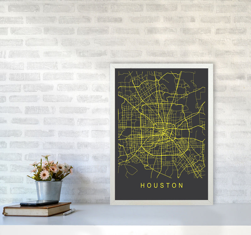 Houston Map Neon Art Print by Pixy Paper A2 Oak Frame