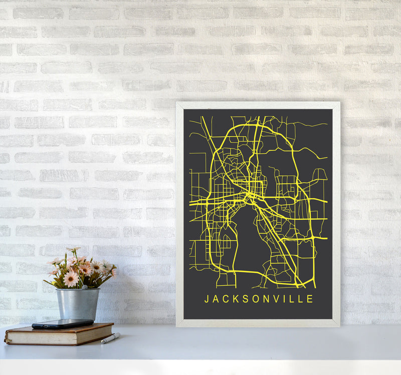 Jacksonville Map Neon Art Print by Pixy Paper A2 Oak Frame