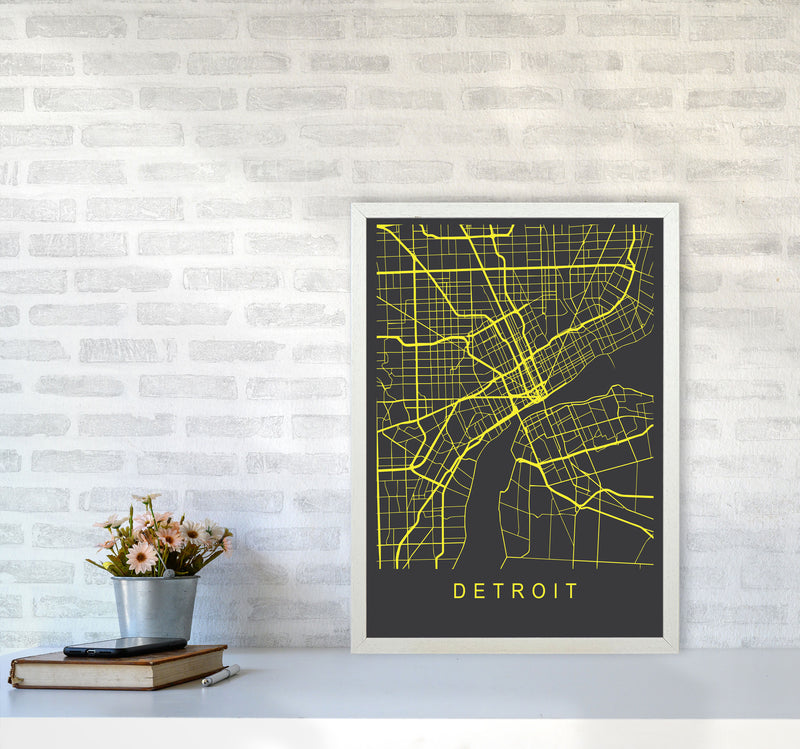 Detroit Map Neon Art Print by Pixy Paper A2 Oak Frame