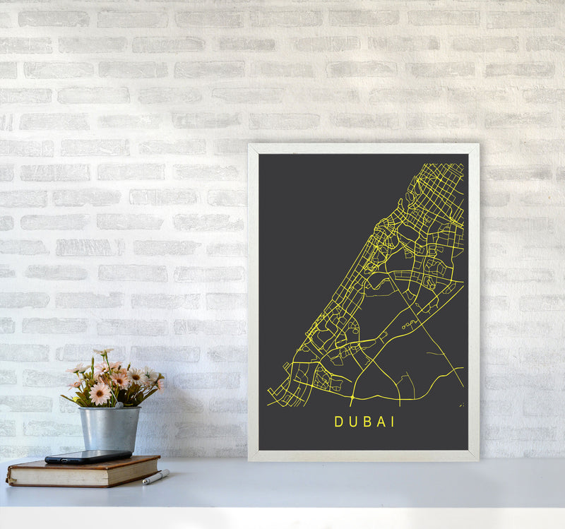 Dubai Map Neon Art Print by Pixy Paper A2 Oak Frame