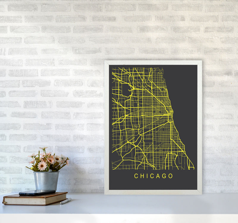 Chicago Map Neon Art Print by Pixy Paper A2 Oak Frame