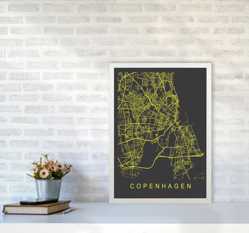 Copenhagen Map Neon Art Print by Pixy Paper A2 Oak Frame