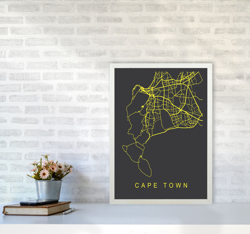 Cape Town Map Neon Art Print by Pixy Paper A2 Oak Frame