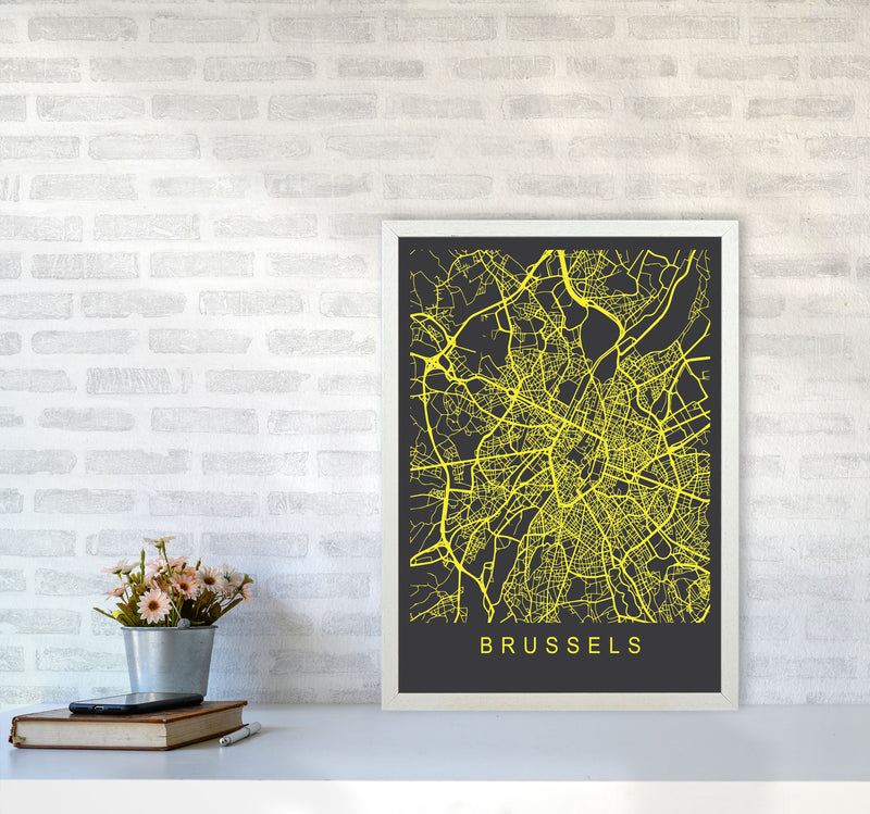 Brussels Map Neon Art Print by Pixy Paper A2 Oak Frame