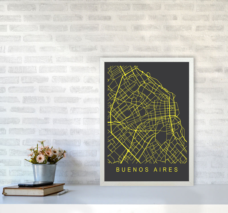 Buenos Aires Map Neon Art Print by Pixy Paper A2 Oak Frame