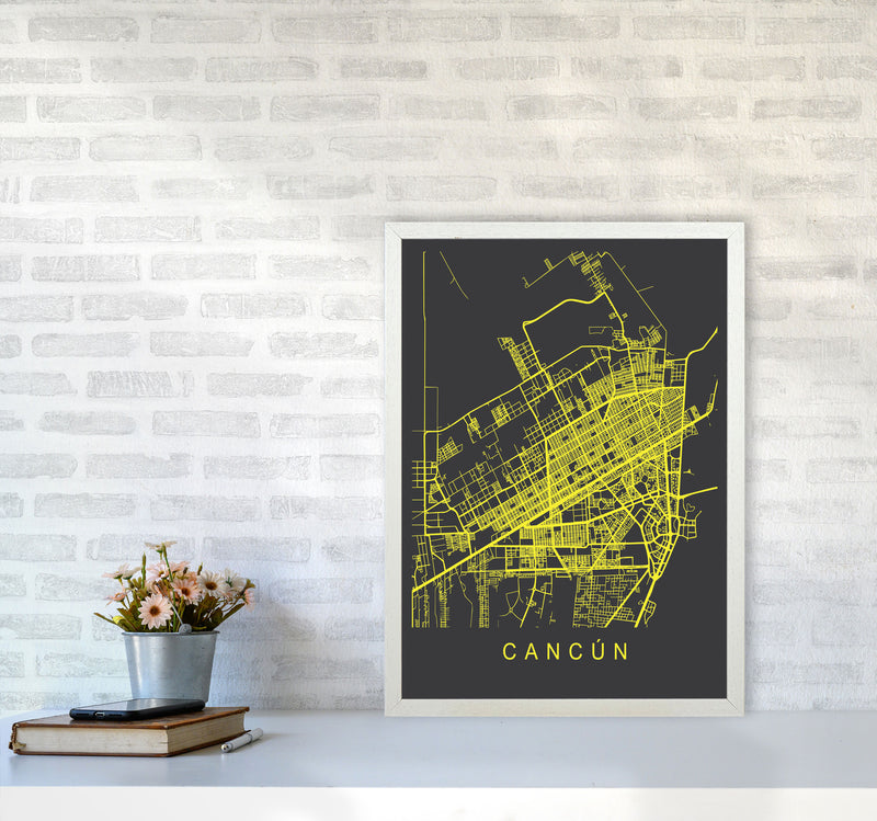 Cancun Map Neon Art Print by Pixy Paper A2 Oak Frame