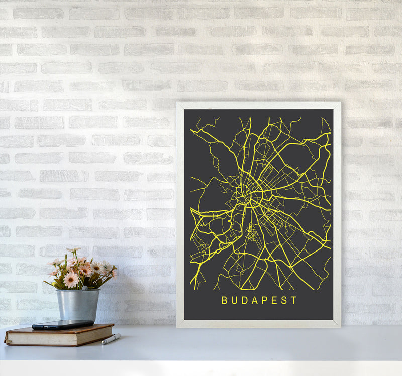 Budapest Map Neon Art Print by Pixy Paper A2 Oak Frame