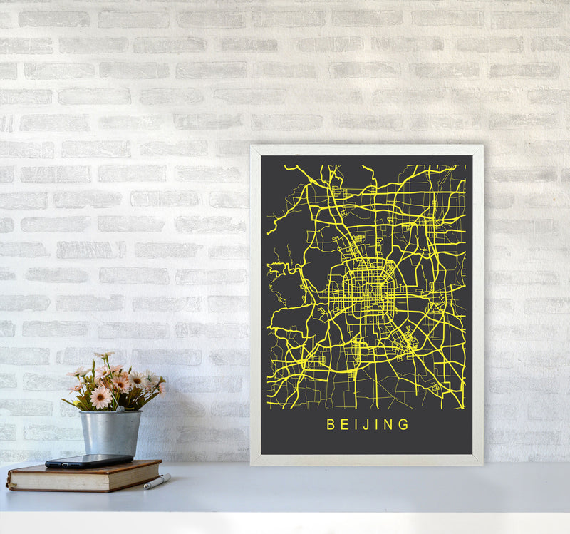 Beijing Map Neon Art Print by Pixy Paper A2 Oak Frame