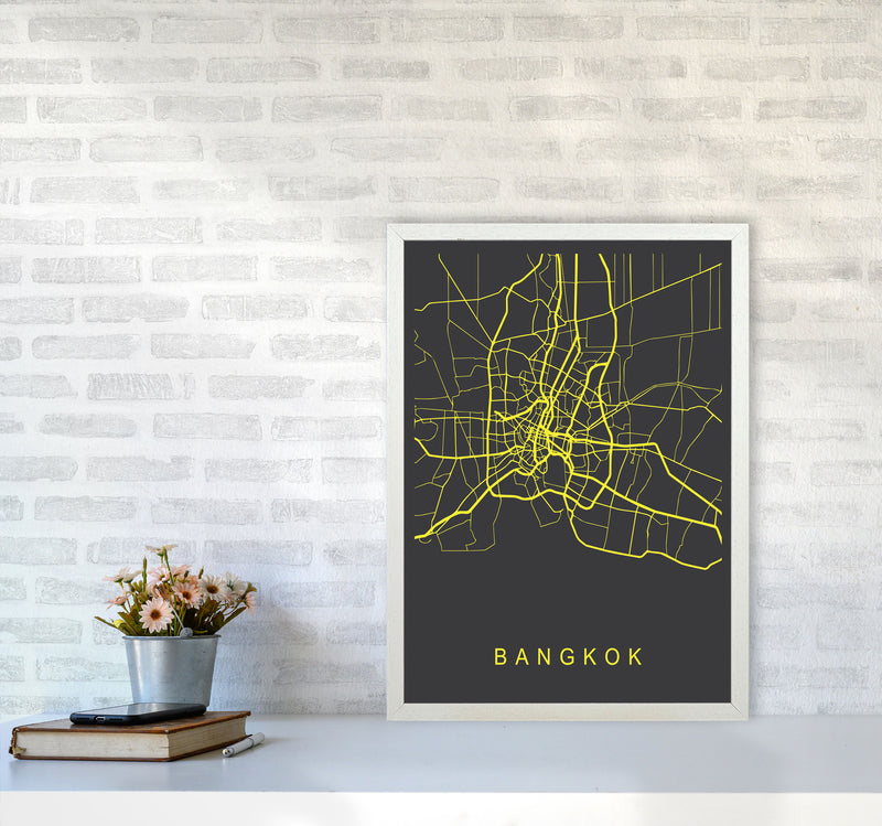 Bangkok Map Neon Art Print by Pixy Paper A2 Oak Frame