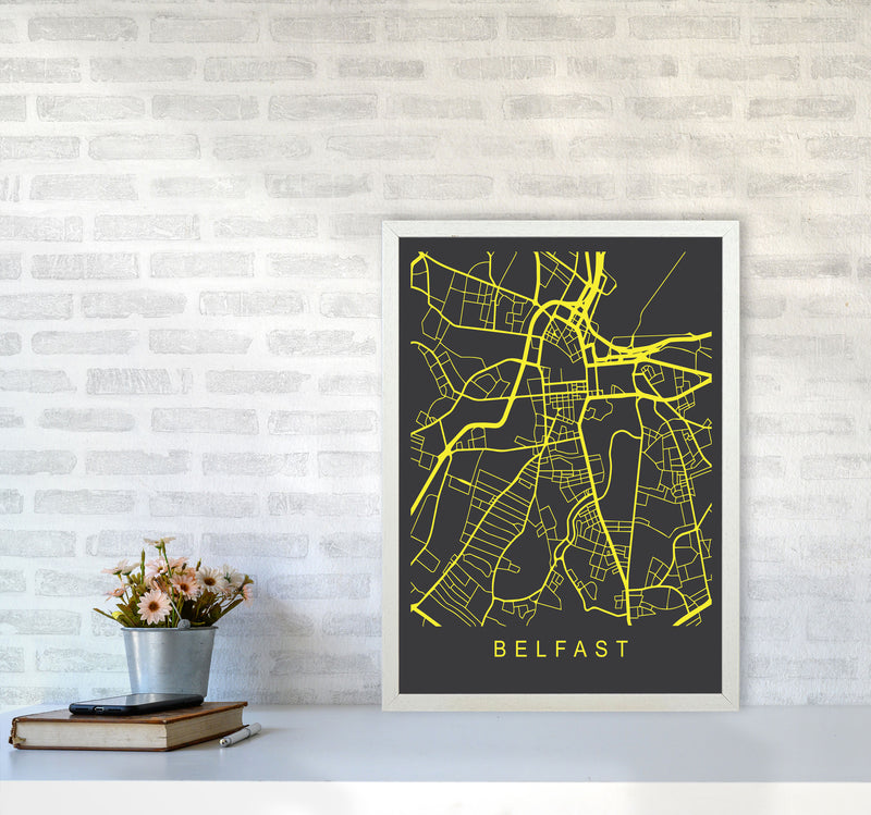 Belfast Map Neon Art Print by Pixy Paper A2 Oak Frame