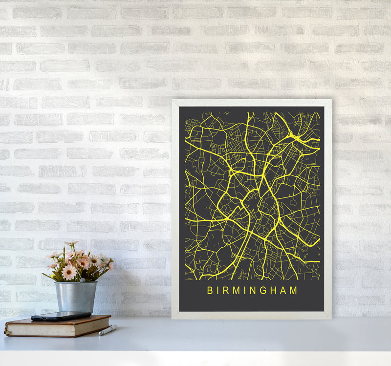 Birmingham Map Neon Art Print by Pixy Paper A2 Oak Frame