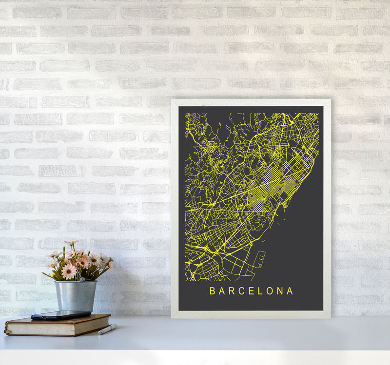 Barcelona Map Neon Art Print by Pixy Paper A2 Oak Frame