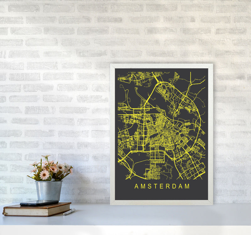 Amsterdam Map Neon Art Print by Pixy Paper A2 Oak Frame