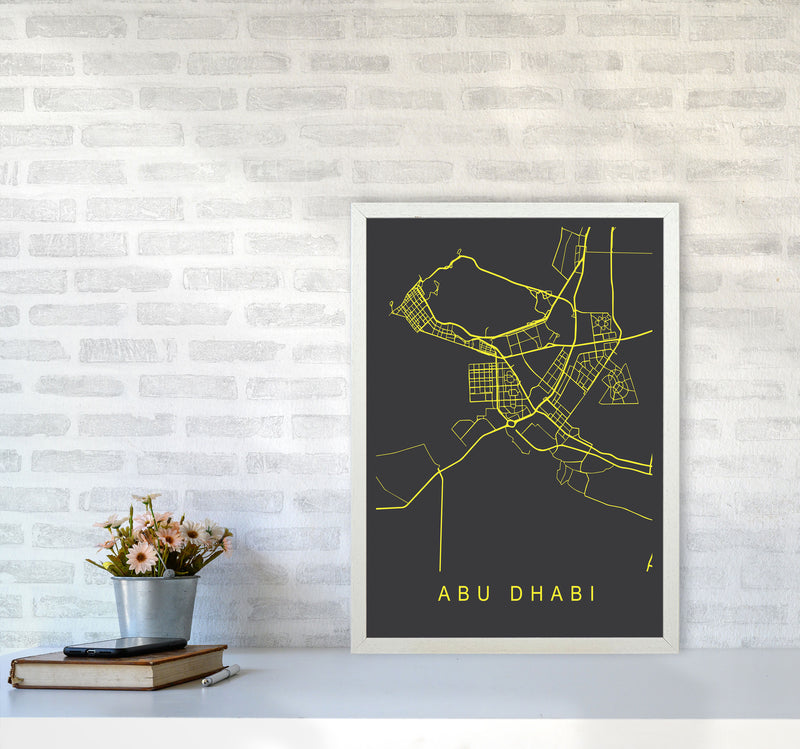 Abu Dhabi Map Neon Art Print by Pixy Paper A2 Oak Frame