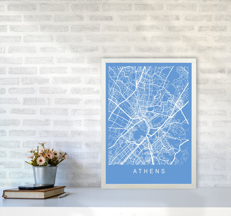 Athens Map Blueprint Art Print by Pixy Paper A2 Oak Frame