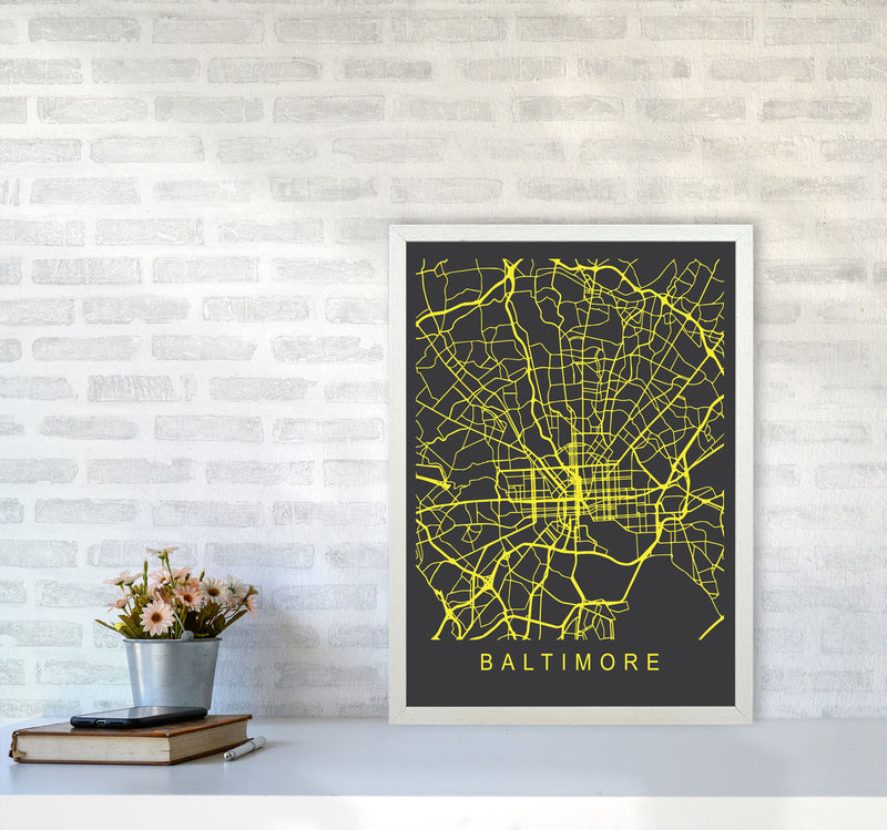 Baltimore Map Neon Art Print by Pixy Paper A2 Oak Frame