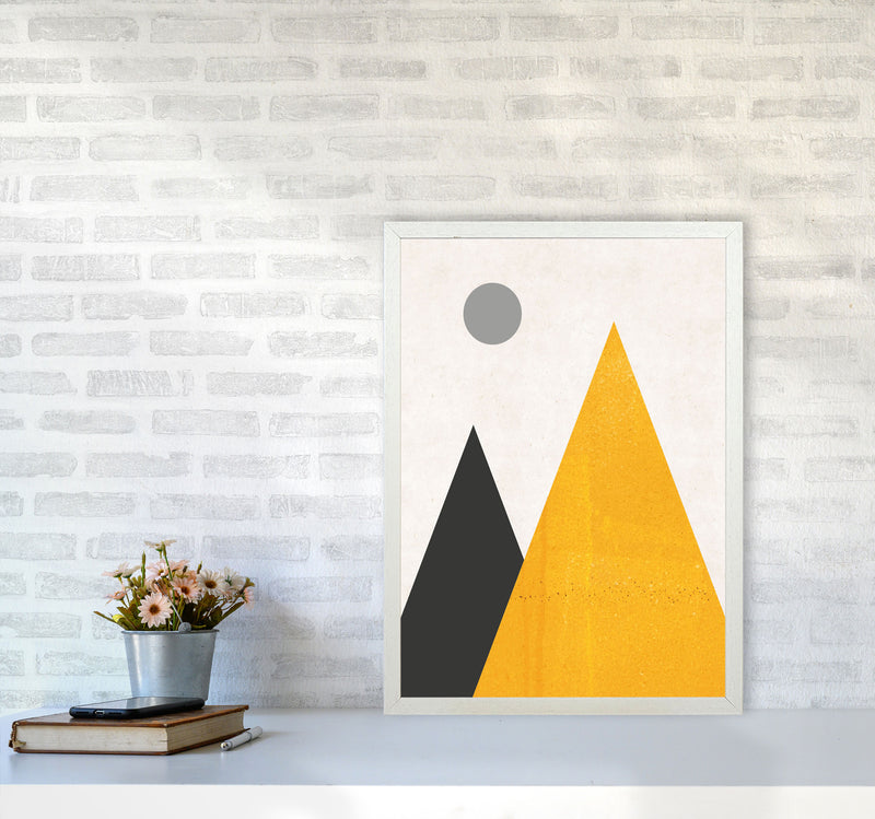 Mountains and moon mustard Art Print by Pixy Paper A2 Oak Frame