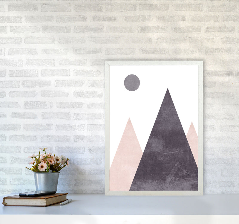Mountains and moon pink cotton Art Print by Pixy Paper A2 Oak Frame
