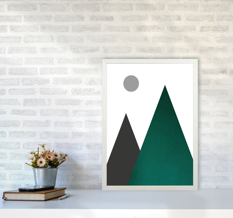 Mountains and moon emerald Art Print by Pixy Paper A2 Oak Frame