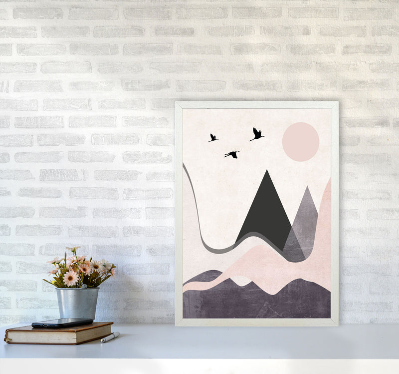 Hills and mountains pink cotton Art Print by Pixy Paper A2 Oak Frame