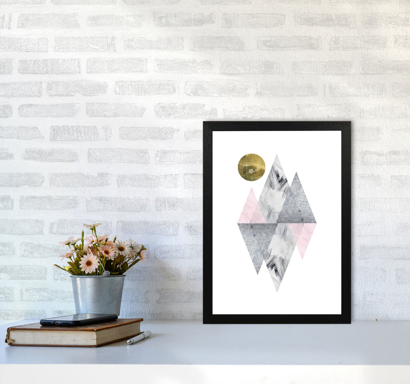 Pink And Grey Diamonds With Gold Moon Abstract Modern Print A3 White Frame
