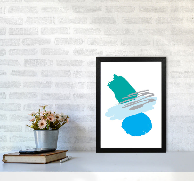 Blue And Teal Abstract Paint Shapes Modern Print A3 White Frame