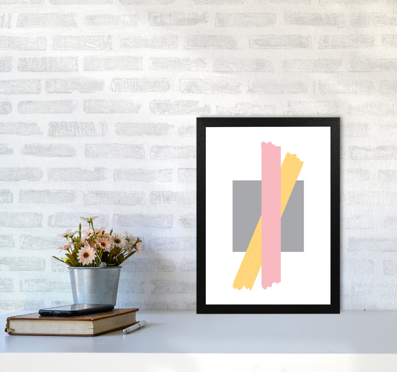 Grey Square With Pink And Yellow Bow Abstract Modern Print A3 White Frame