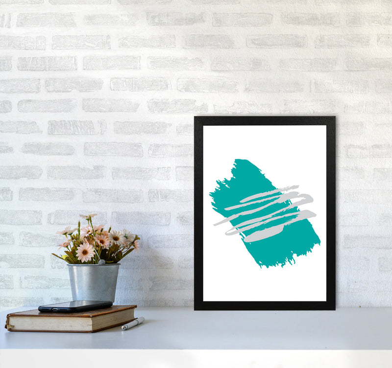 Teal Jaggered Paint Brush Abstract Modern Print A3 White Frame