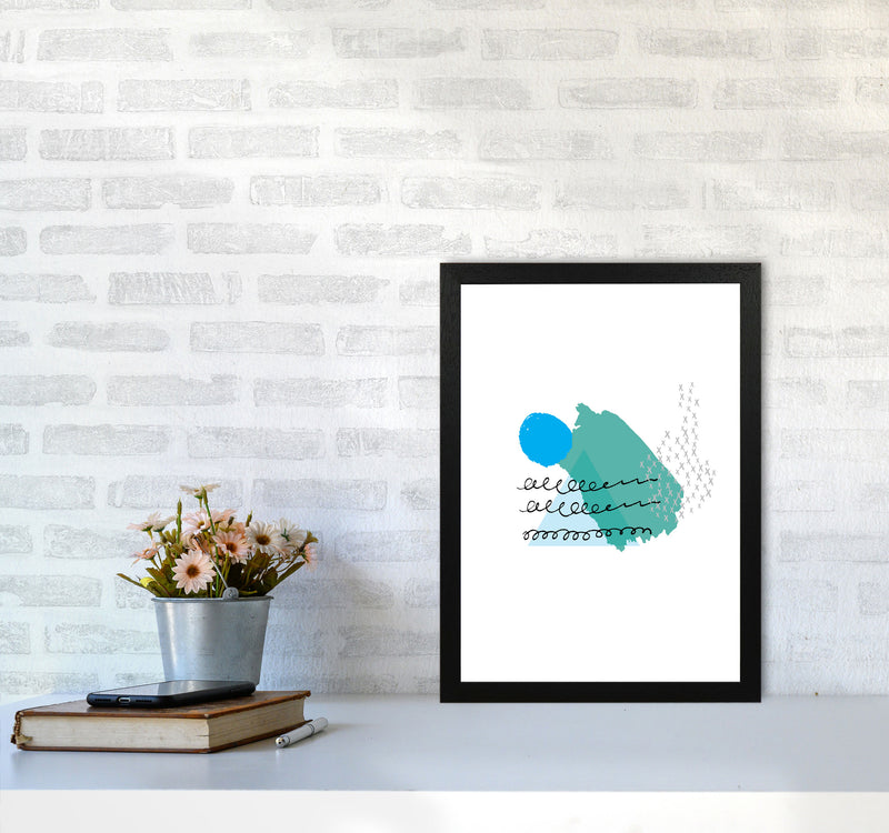 Teal And Blue Mountain Sun Abstract Modern Print A3 White Frame