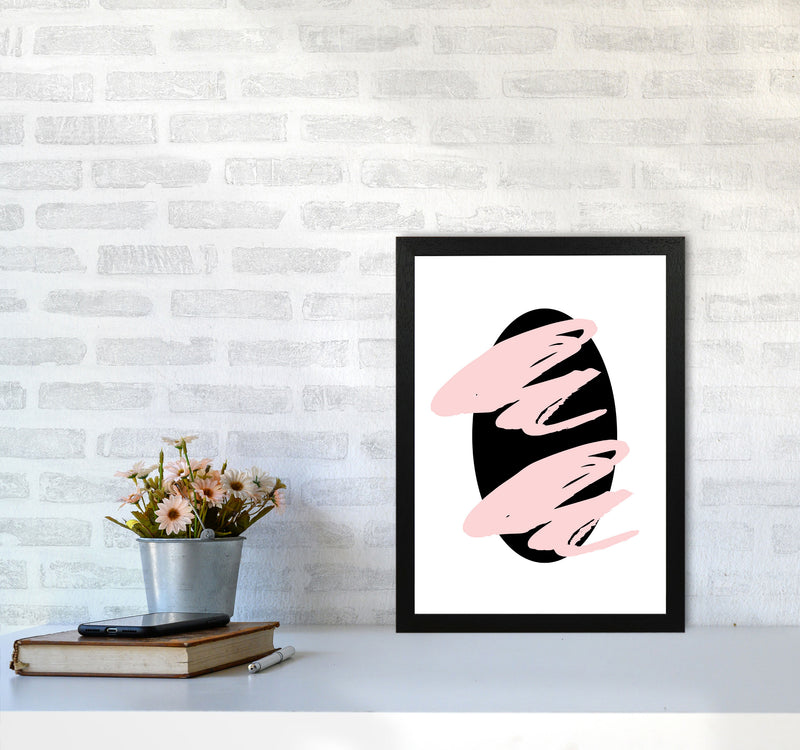 Abstract Black Oval With Pink Strokes Modern Art Print A3 White Frame