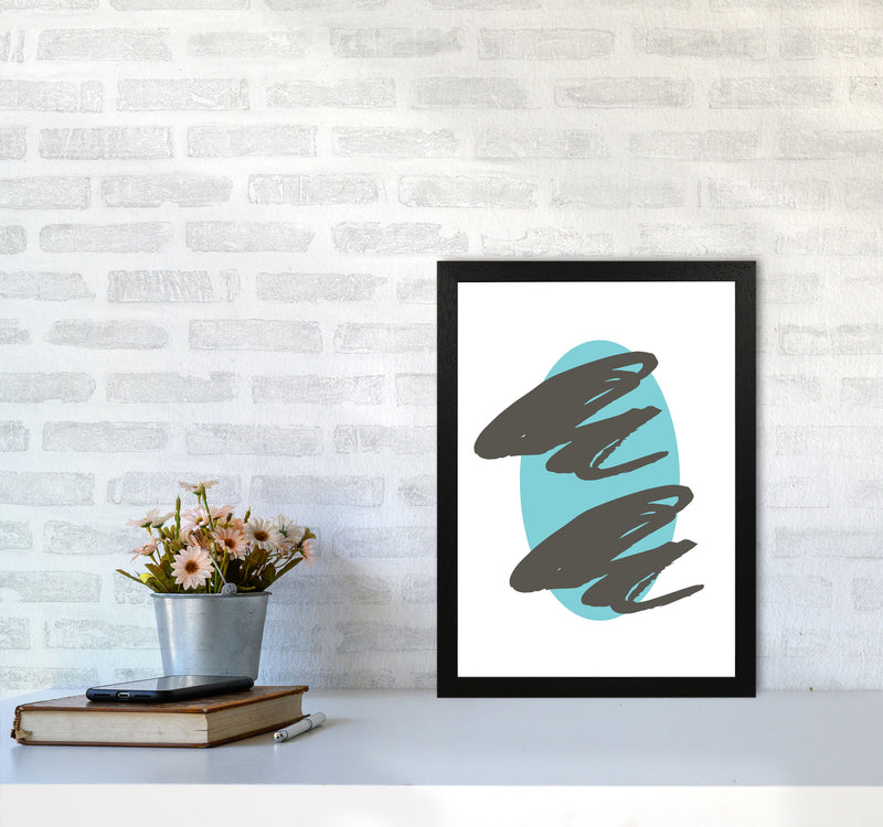 Abstract Teal Oval With Brown Strokes Modern Print A3 White Frame