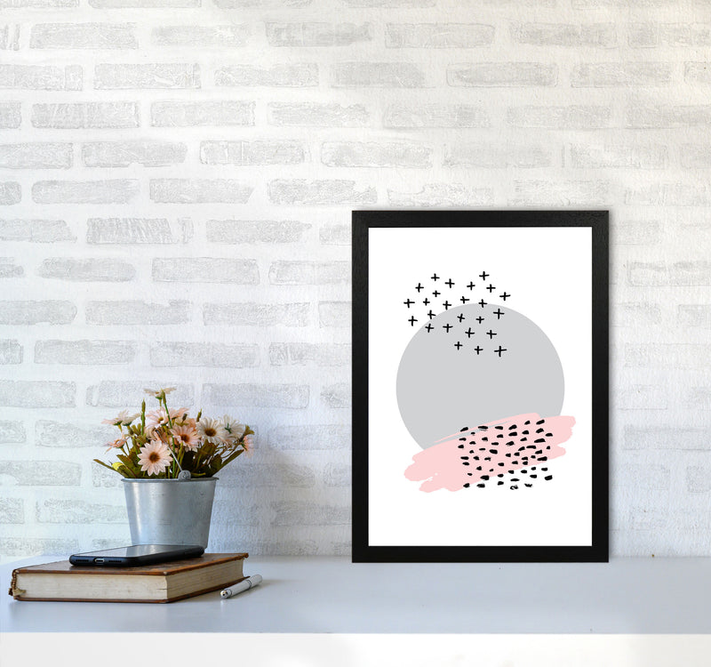 Abstract Grey Circle With Pink And Black Dashes Modern Print A3 White Frame