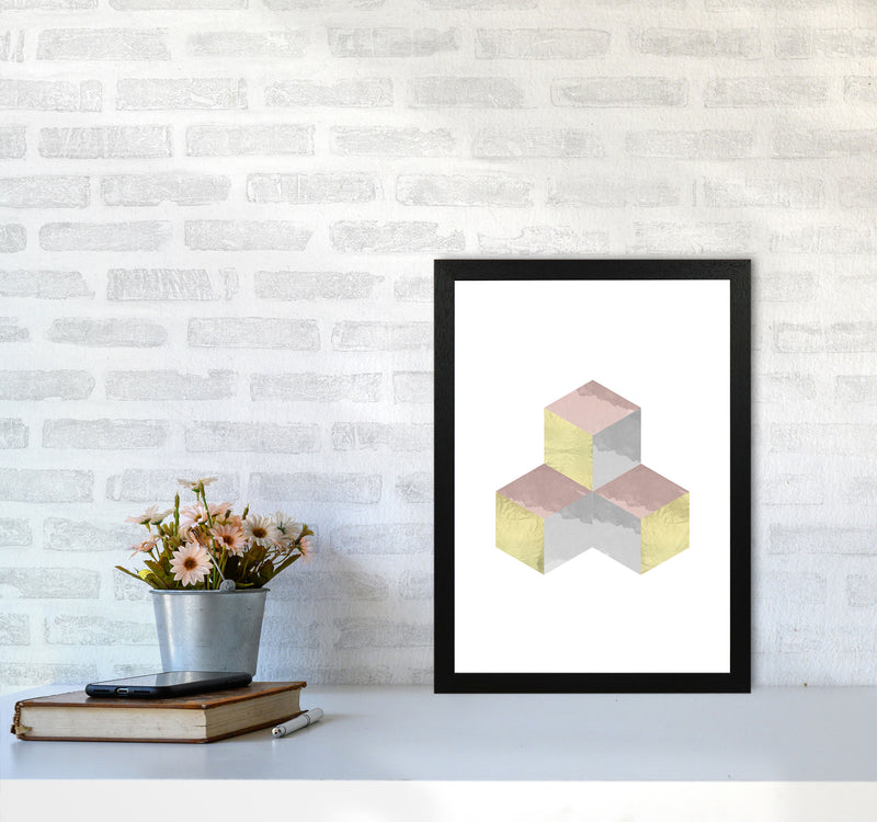 Gold, Pink And Grey Abstract Cubes Modern Print A3 White Frame