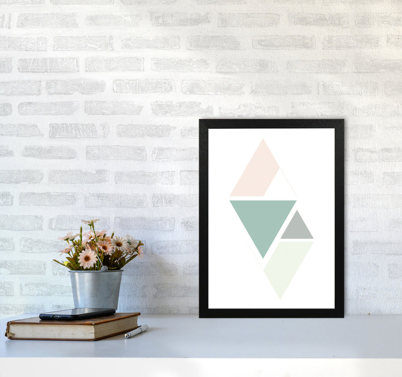 Peach, Green And Grey Abstract Triangles Modern Print A3 White Frame