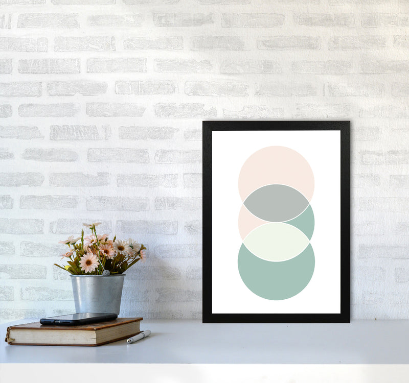 Peach, Green And Grey Abstract Circles Modern Print A3 White Frame