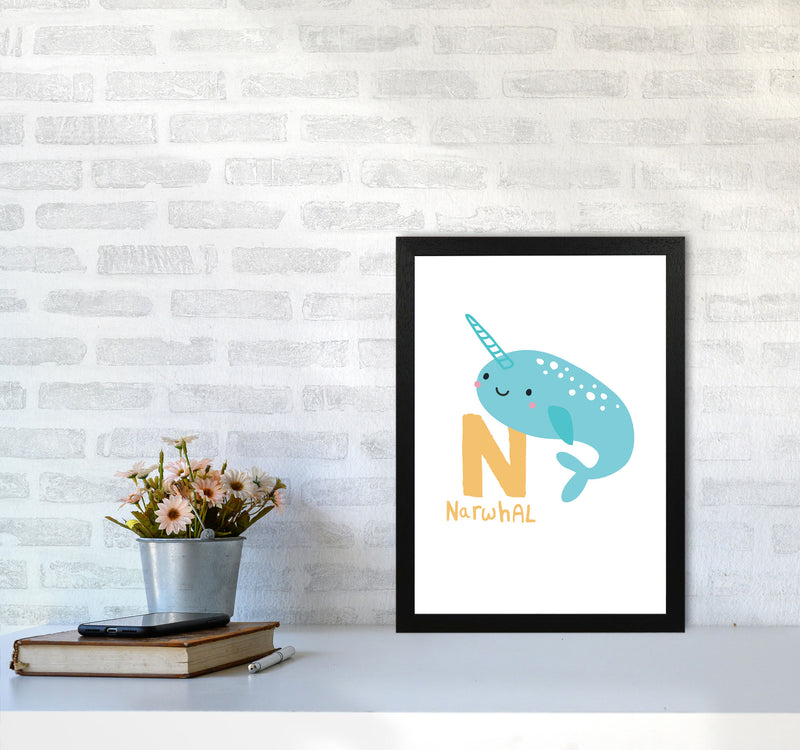 Alphabet Animals, N Is For Narwhal Framed Nursey Wall Art Print A3 White Frame
