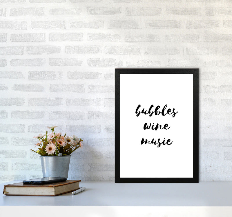 Bubbles Wine Music, Bathroom Framed Typography Wall Art Print A3 White Frame