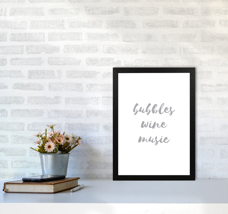 Bubbles Wine Music Grey, Bathroom Framed Typography Wall Art Print A3 White Frame