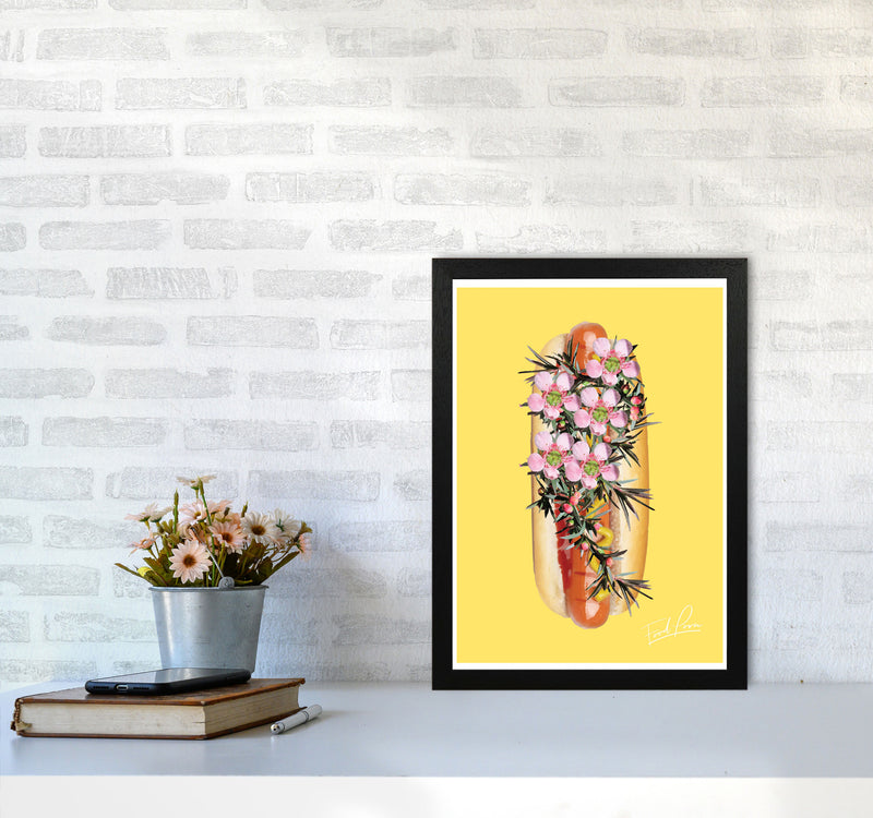 Yellow Hot Dog Food Print, Framed Kitchen Wall Art A3 White Frame