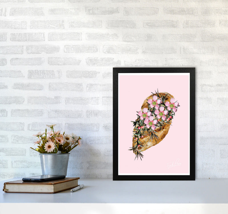 Pink Chicken Floral Food Print, Framed Kitchen Wall Art A3 White Frame