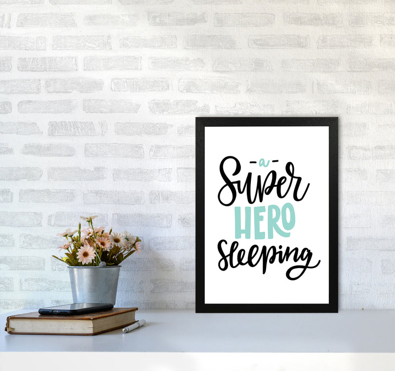 Superhero Sleeping Mint And Black Framed Nursey Wall Art Print A3 White Frame