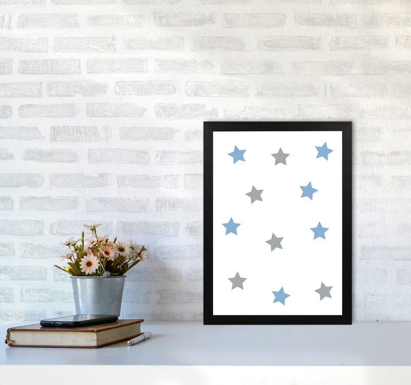 Blue And Grey Stars Framed Nursey Wall Art Print A3 White Frame