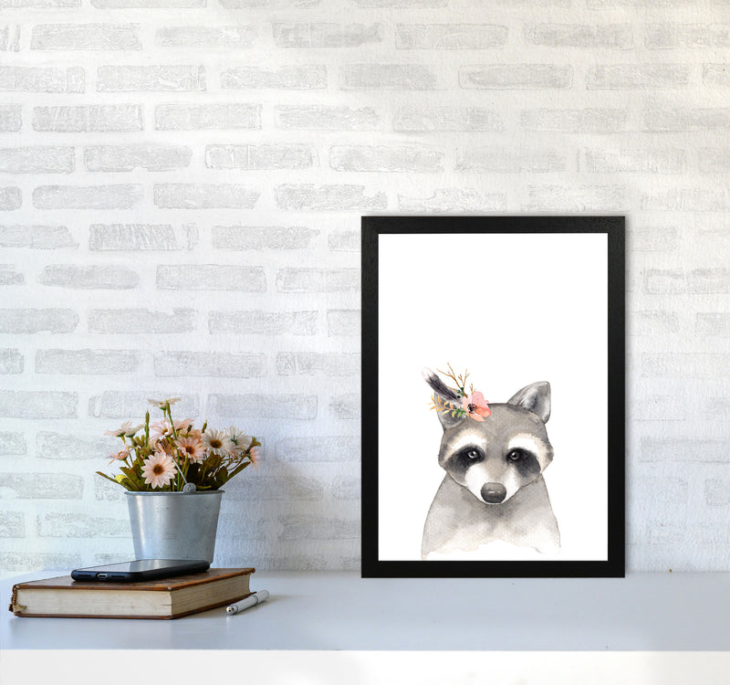 Forest Friends, Floral Cute Raccoon Modern Print Animal Art Print A3 White Frame
