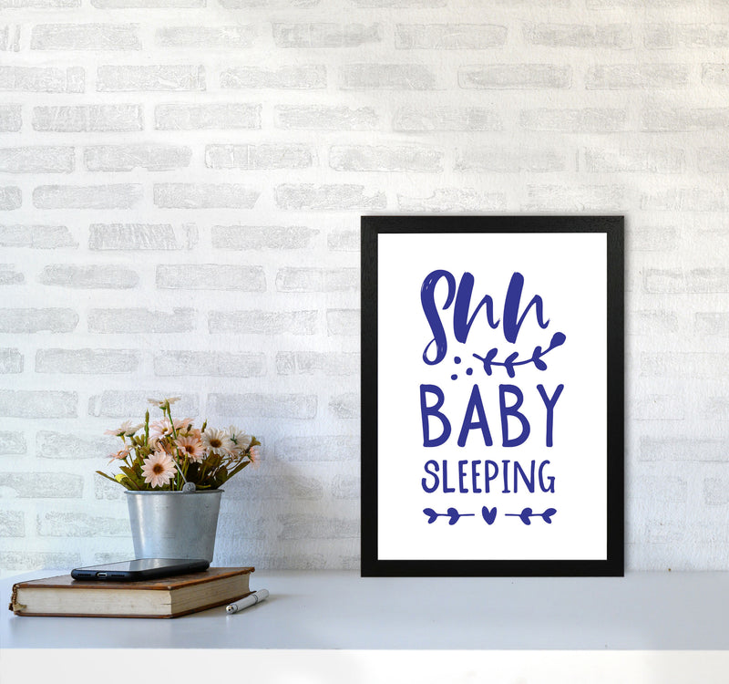 Shh Baby Sleeping Navy Framed Nursey Wall Art Print A3 White Frame