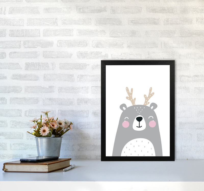 Grey Bear With Antlers Modern Print Animal Art Print A3 White Frame