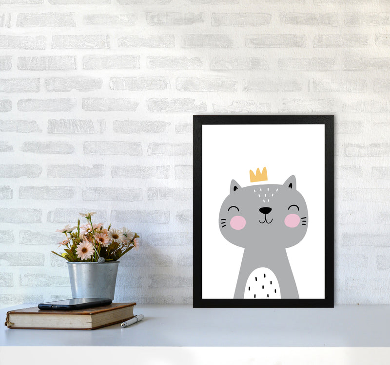 Grey Scandi Cat With Crown Modern Print Animal Art Print A3 White Frame