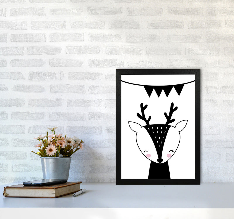 Scandi Black Deer With Banner Framed Nursey Wall Art Print A3 White Frame