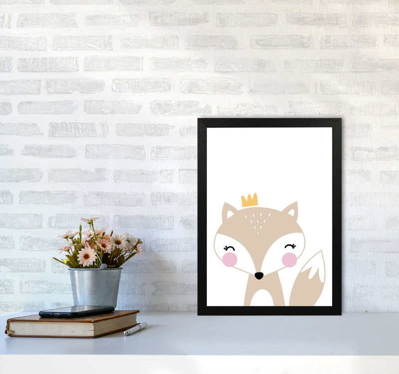 Scandi Beige Fox With Crown Framed Nursey Wall Art Print A3 White Frame